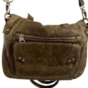 Perlina Olive Green Brushed Leather Hobo Shoulder Bag satchel Large Zip pocket